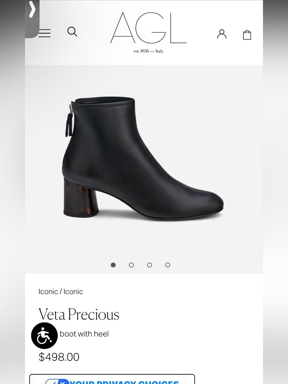 AGL Veta Precious Black Leather Ankle Boot Tortoiseshell Block Heel Rear Zipper